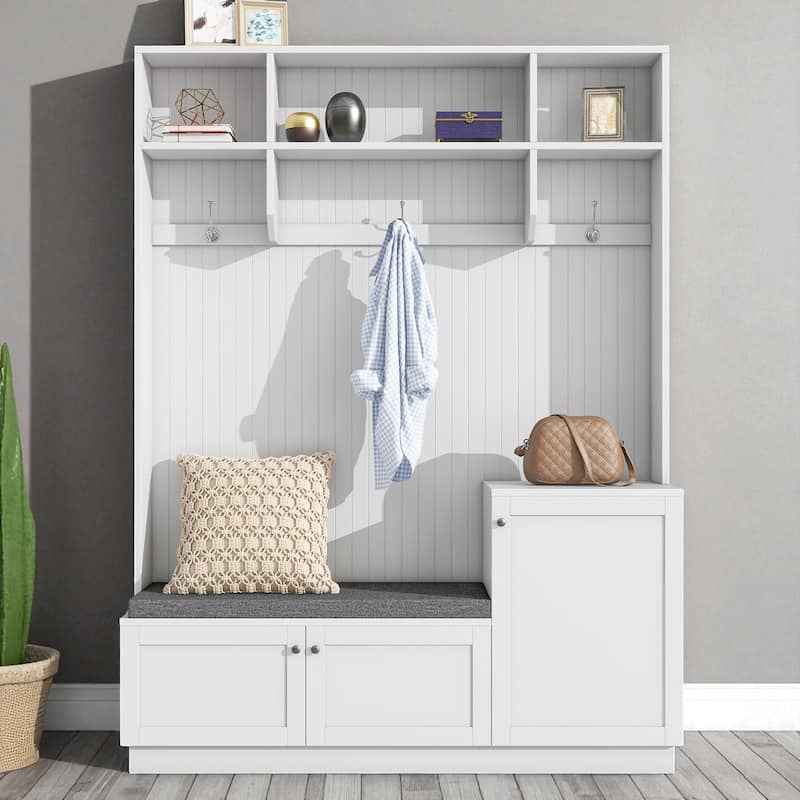 Modern Hall Tree with Padded Bench, 3 Cabinets, 3 Hooks, Shelves, Entryway Coat Rack & Shoe Storage, 59" Wide - White
