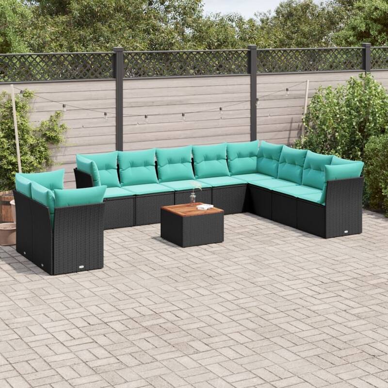 vidaXL 11 Piece Patio Sofa Set with Cushions Black Poly Rattan - 24.4 x 24.4 x 27.2