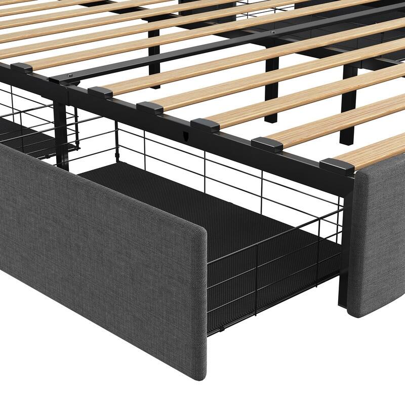 Full Size Bed Frame with LED, 4 Under-bed Portable Storage Drawers, Wings Headboard Design, Dark Grey