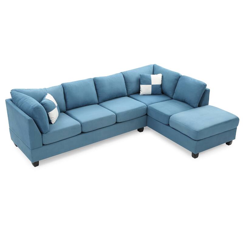 Reversible Microsuede 4-Seater Sectional Sofa with Throw Pillows - 111" - Blue