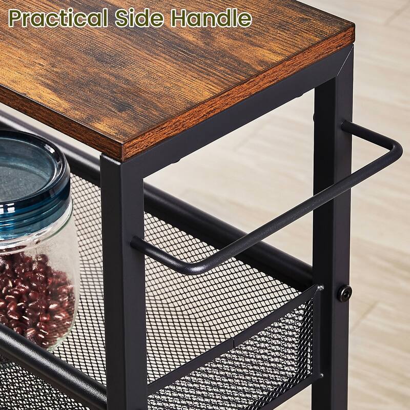 Javlergo 4-Tier Rolling Kitchen Cart with Mesh Baskets Brown Top & Wheels Space-Saving Storage Organizer with Handle for Home