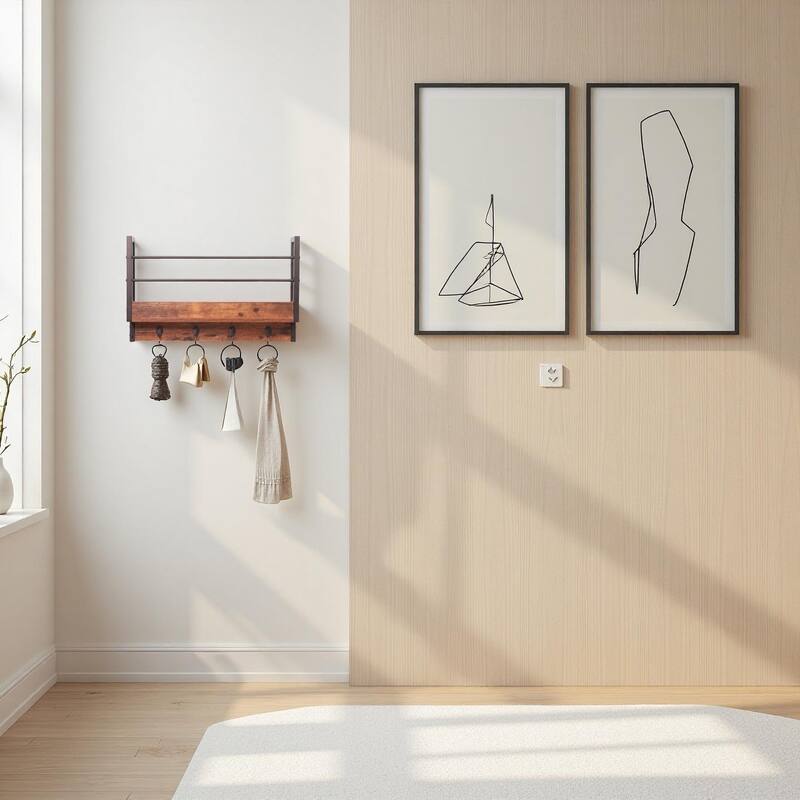 JJS Wall Mounted Floating Shelf with Coat Hooks & Key Holder Space-Saving Storage Rack for Books, Coats & Entryway Essentials