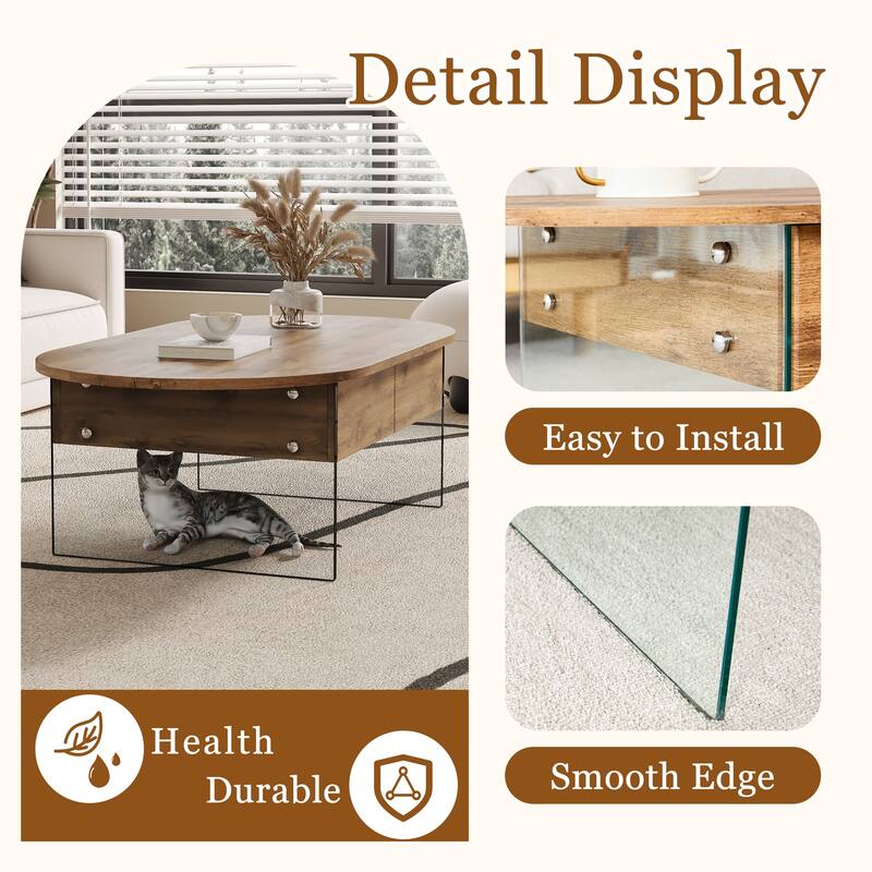Cozy Oval Double Drawer Coffee Table,Multi-Functional Design,Both Sides Are Transparent Tempered Glass