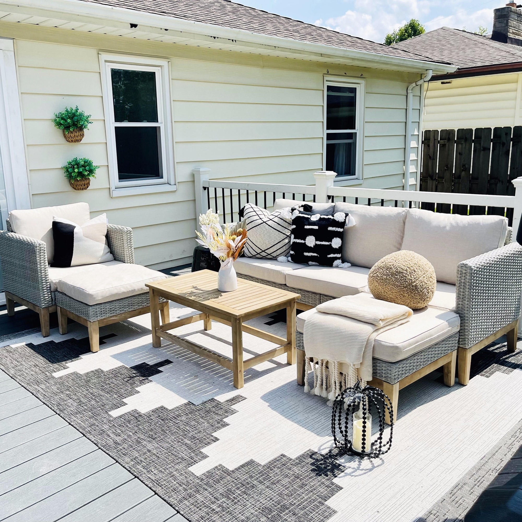 MAISON ARTS 5 Pieces Outdoor Rattan & Acacia Wood Sectional Sofa Set, Patio Wicker Conversation Set with Coffee Table