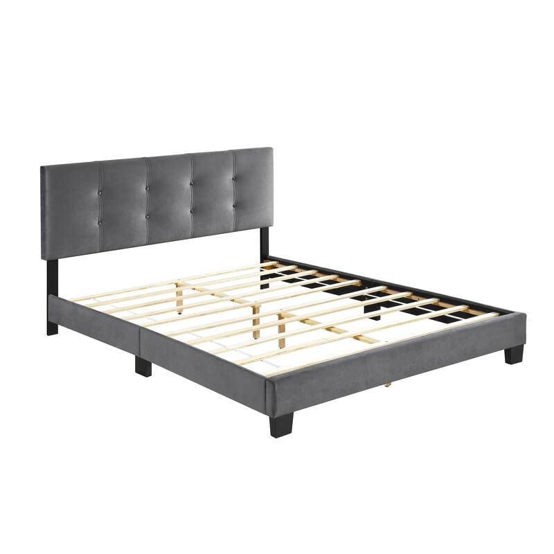 Queen Platform Bed with Adjustable Headboard, Dark Gray Velvet Upholstery, Solid Wood Frame