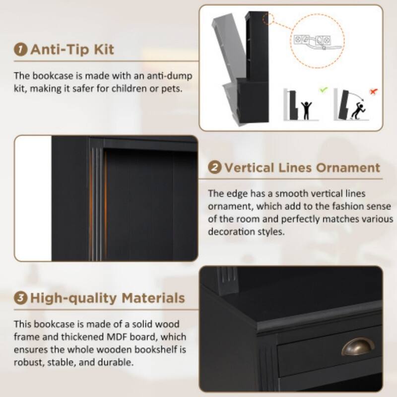 83.4" Contemporary Glass Door Bookcase with LED Lights & Drawer - Elegant Display Storage Shelf for Living Room and Study Room