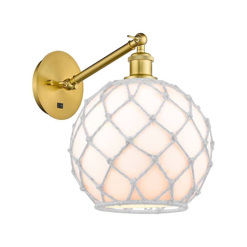 Innovations Lighting Endless Possibilities Ballston - Farmhouse Rope - 1 Light 10" Adjustable Sconce - Arm Adjusts Up and Down - White Glass with White Rope/Satin Gold