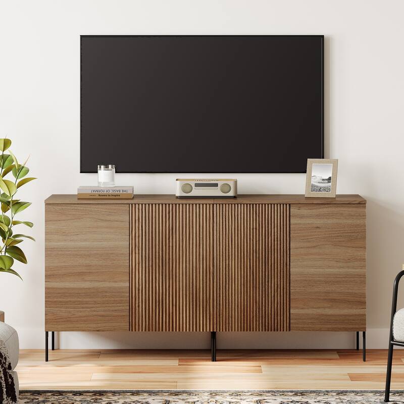 31.5" Modern Reeded TV Stand With Doors, Entertainment Center With Shelf, Wooden TV Console  - 2PCS - Walnut