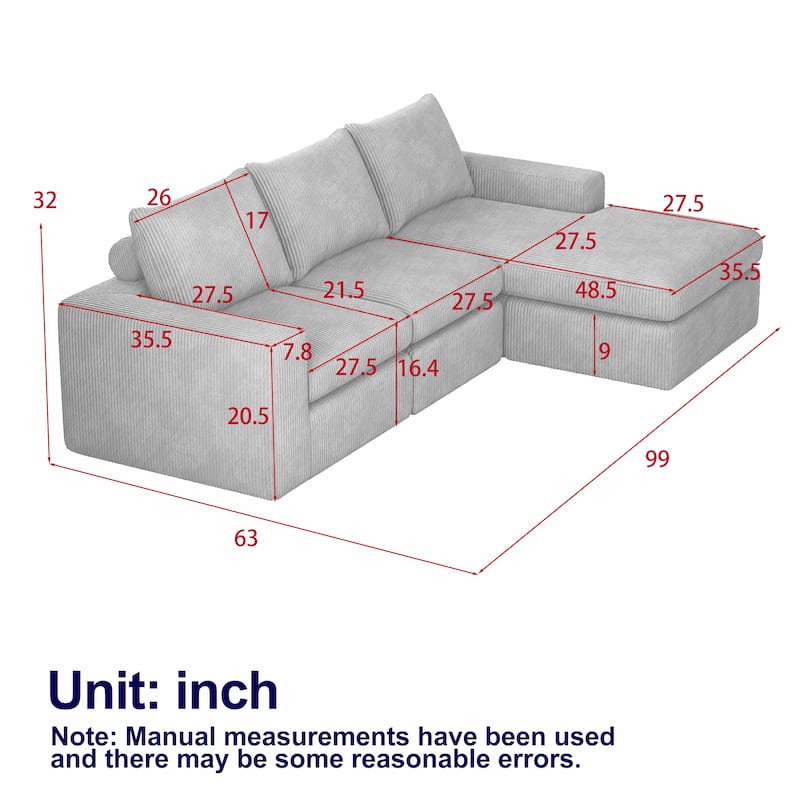 99" Corduroy L-Shaped Sectional Sofa with Chaise Lounge, 3 Pillows and No Assembly Required