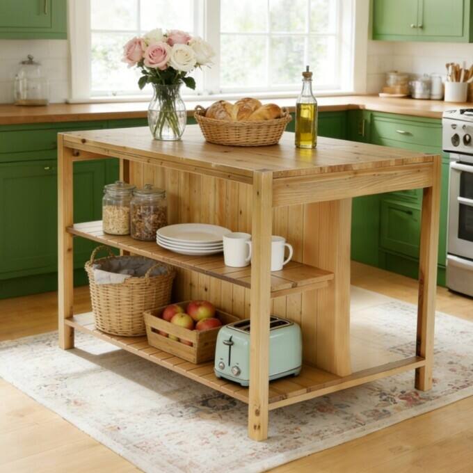 59.05" Solid Wood Farmhouse Kitchen Island with Open Storage Shelves