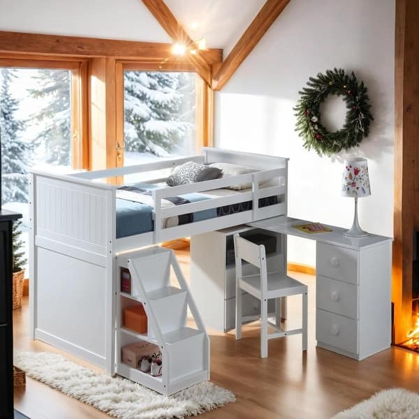slide 2 of 7, Multi-Functional Twin Loft Bed with Built-in Desk and Chest, Sturdy Construction & Safety Guaranteed, White White