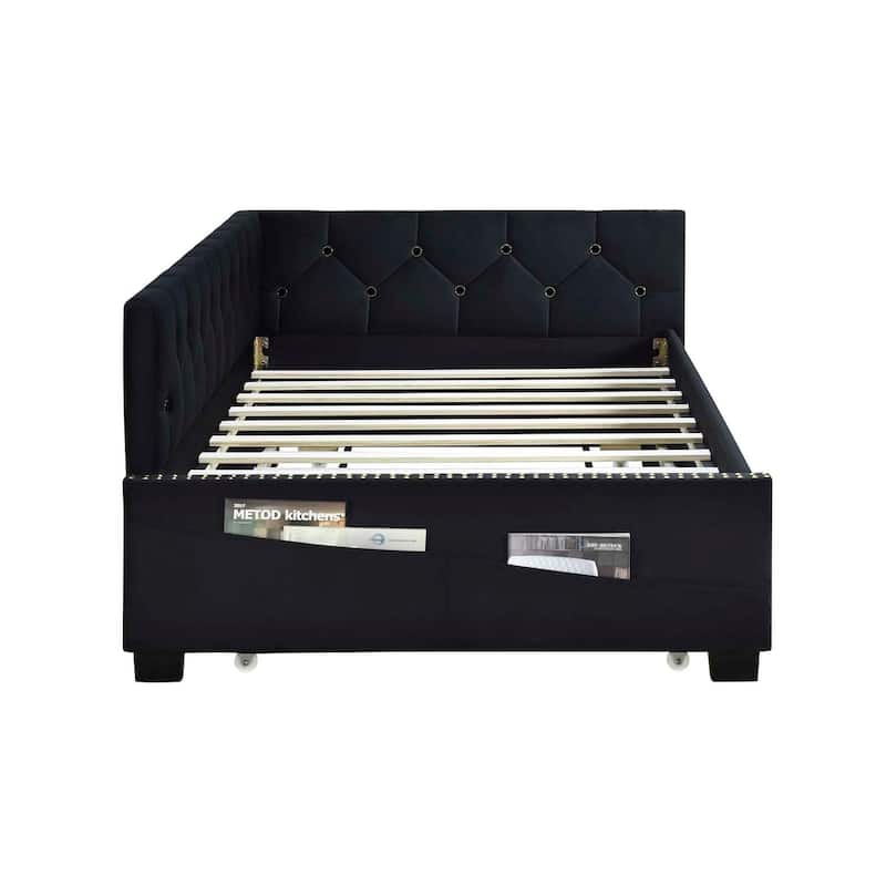 Twin Daybed with Hidden Trundle, Modern Tufted Velvet Upholstered Sofa Day Bed Frame w/Wood Slats for Living Room Bedroom,Black