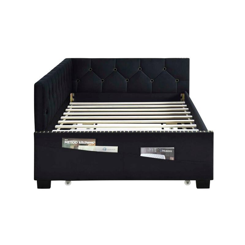 Twin Size Velvet Upholstered Daybed with Trundle and Button Design Backrest
