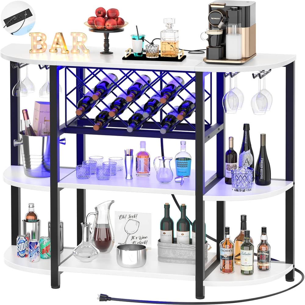 4-Tier Wine Bar Cabinet with Outlet and LED Light,Freestanding Bar Table with Glass Holder and Wine Storage