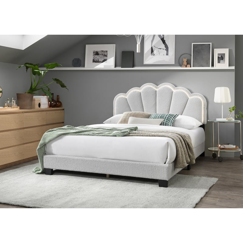 White 1pc Queen Size Bed Wool Fabric Floral Design Headboard w LED Fully Upholstered Platform Bedframe