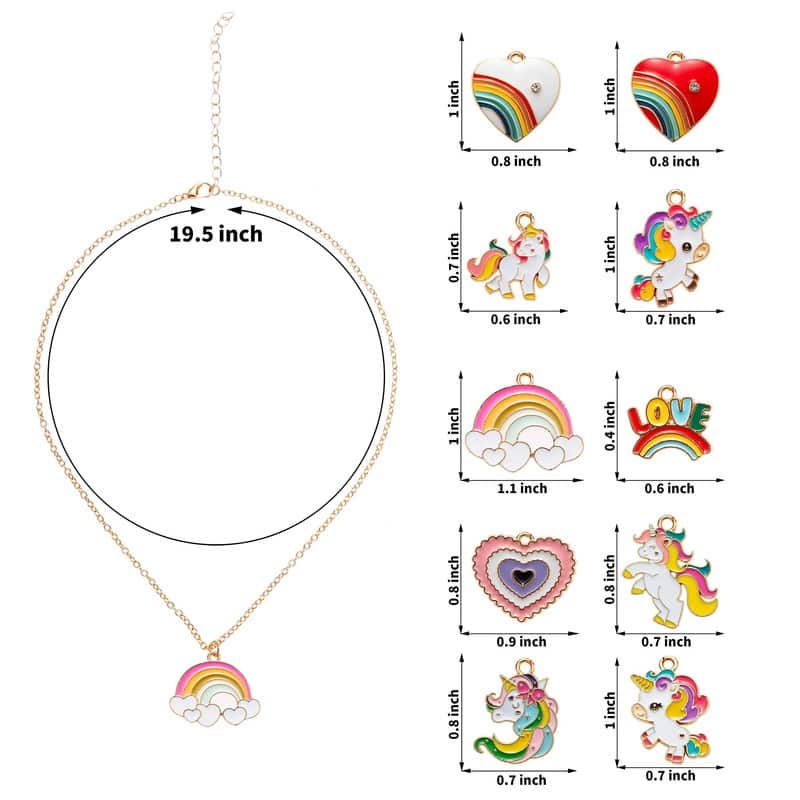 14 Pcs Valentine's Day Cute Necklaces for Teen Girls, Featuring Love Heart Shapes, Unicorns, and Rainbows, with 10 Unique Design