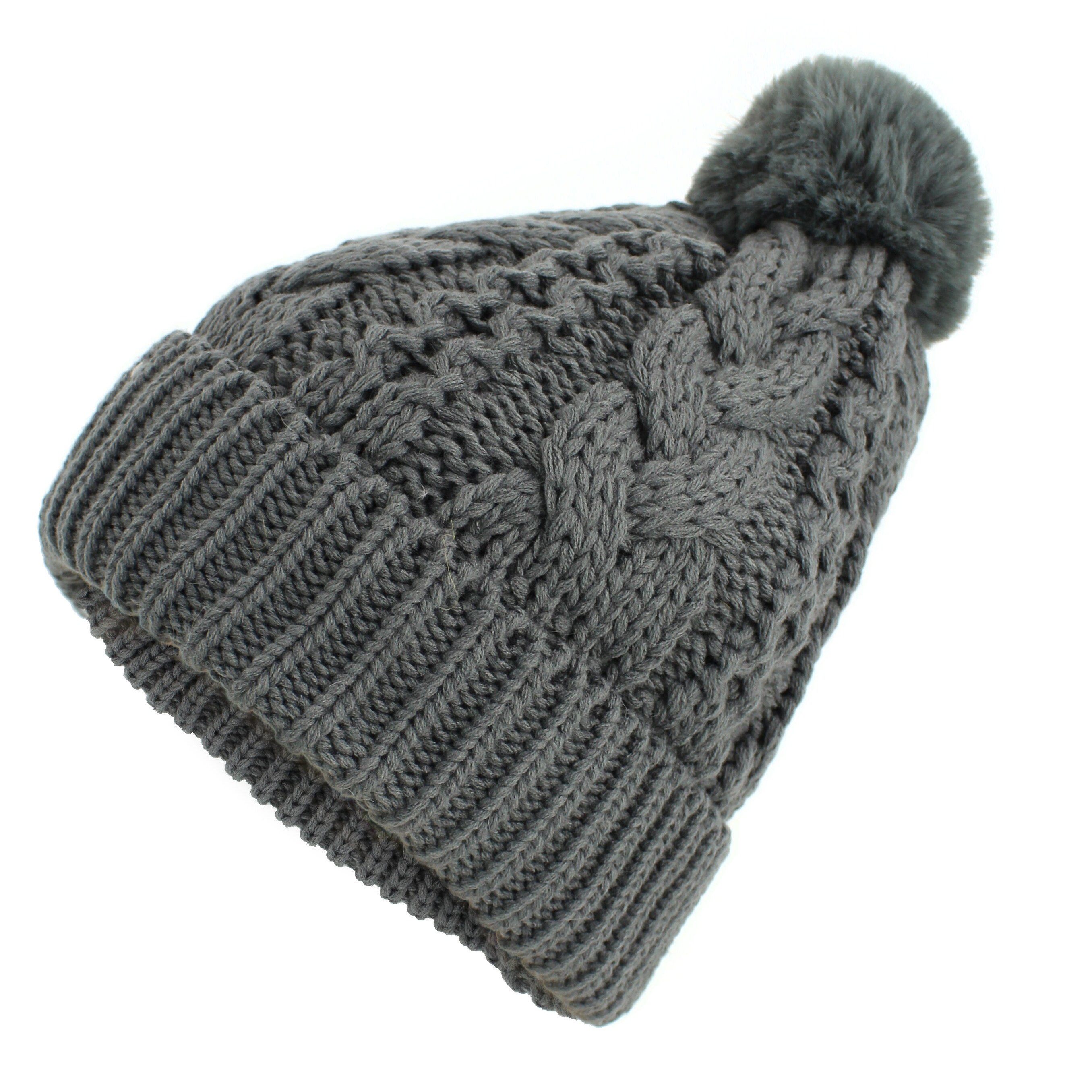 Shop Chunky Cable Knit Beanie Hat W Faux Fur Pom Pom Winter Soft