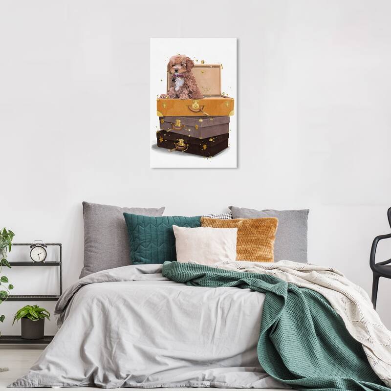 Wynwood Studio Canvas Animals Poodle and Fashion Luggage Brown and Metallic Gold Modern & Contemporary Wall Art Canvas Print - 36 x 24