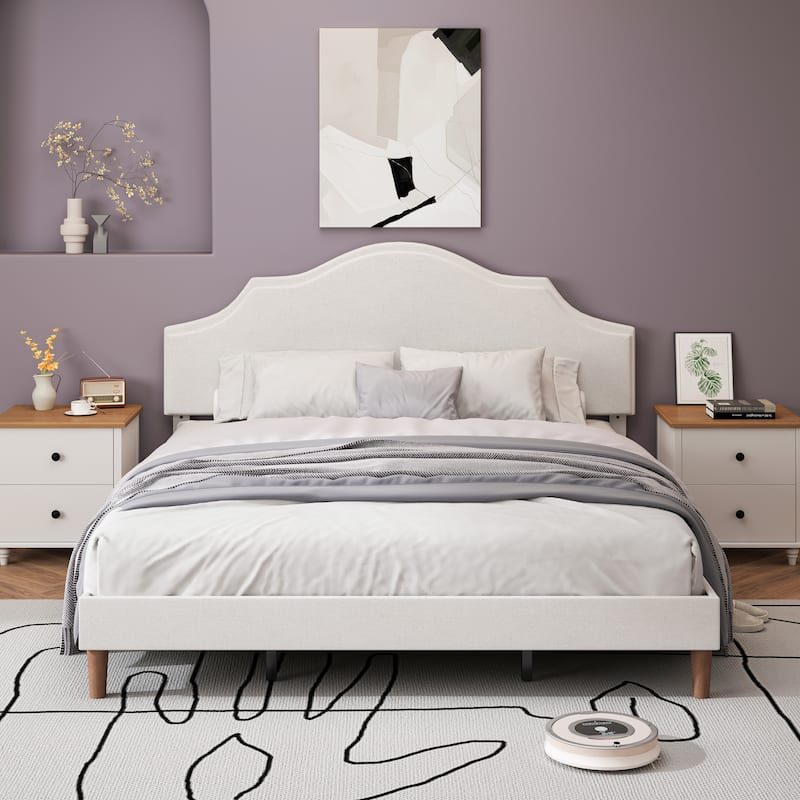 Modern Simple Linen Upholstered Bed Platform Bed Frame with Adjustable Curved Headboard and Wooden Legs for Bedroom, Guest Room - White - King