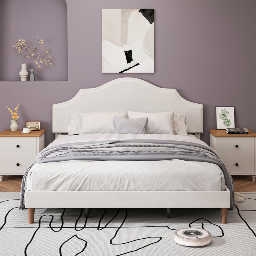 Modern Simple Linen Upholstered Bed Platform Bed Frame with Adjustable Curved Headboard and Wooden Legs for Bedroom, Guest Room