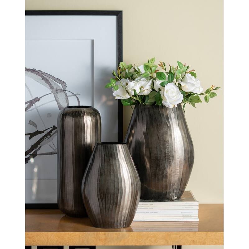 9.5x5.5x12" Aluminum Layered Chisel Oval Vase Modern Metallic Home Decor