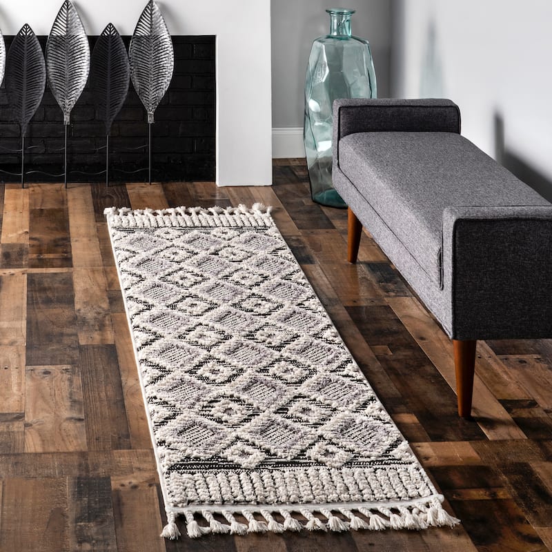 Nuloom Journey Shaggy Checkered Tiles Tassel Area Rug - 2'8" x 12' Runner - Grey - Runner