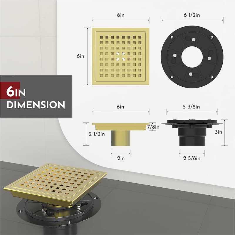 6-Inch Square Shower Floor Drain, Quadrato Pattern Grate - 6 inch