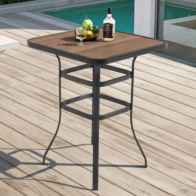 Outdoor Square Height Bar Table with Faux Wood Tabletop, Brown