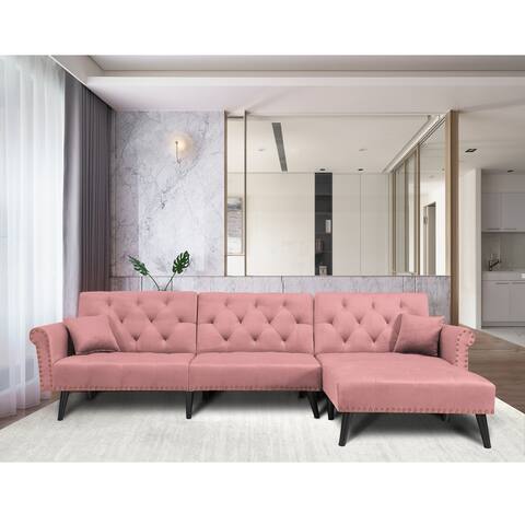 Reversible Velvet Sectional Sofa Sleeper Decor with Metal Nails, Pink
