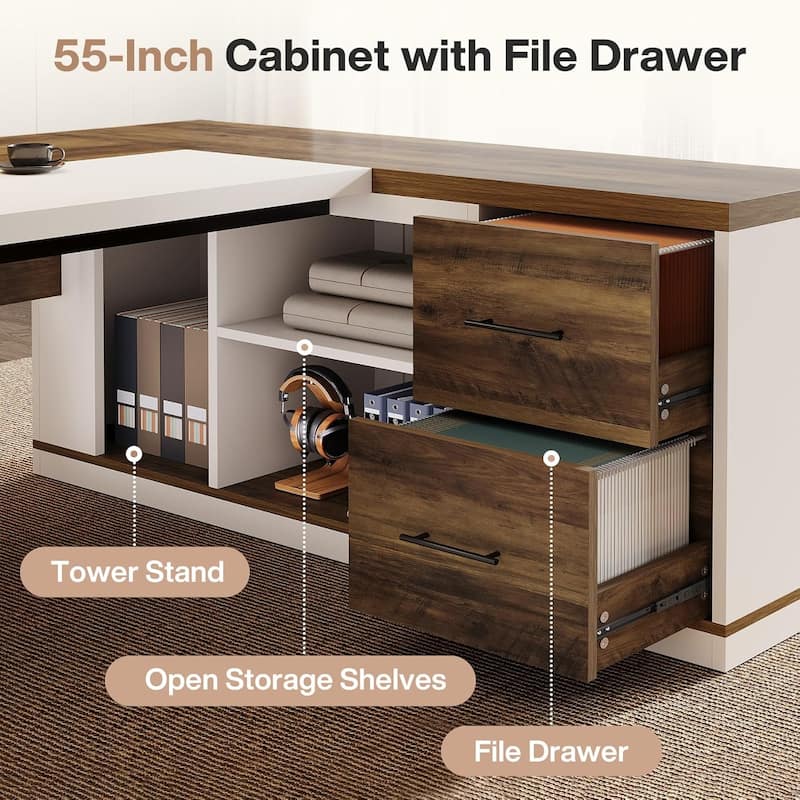 78.7-Inch L-Shaped Executive Desk with 55.1" Storage Cabinet, Modern Office Desk Business Furniture