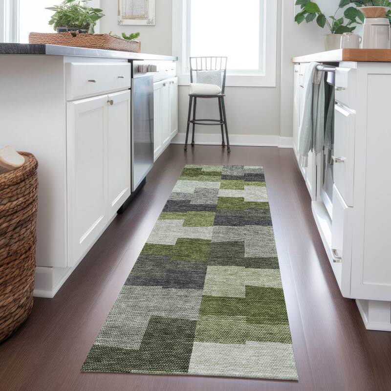 Machine Washable Indoor/ Outdoor Chantille Contemporary Blocks Rug - Olive - 2'3" x 7'6"