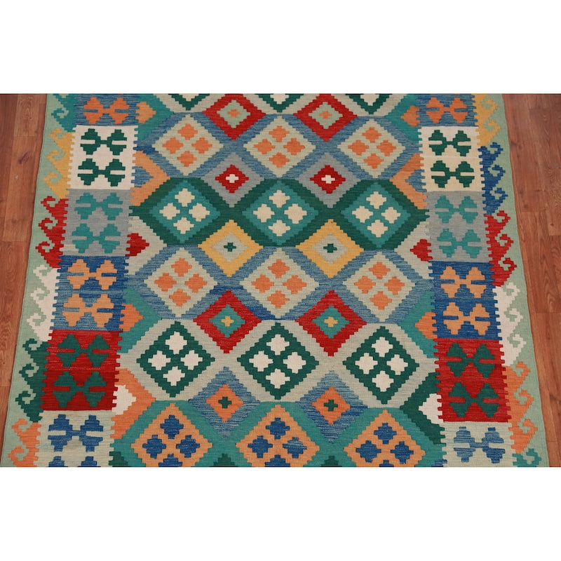 Hand Woven Oriental 100% Wool Carpet Southwestern Geometric Multi-Colored Kilim Area Rug - 8' 3'' X 5' 8''