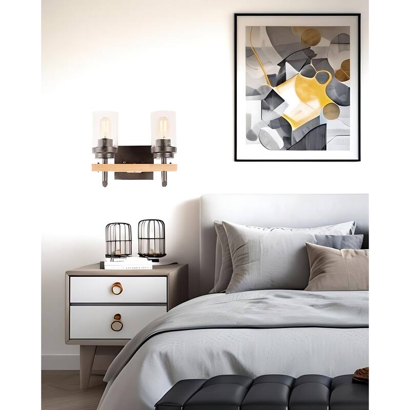 2-light Modern Wood Accents Wall Sconce With Seeded Glass Shade