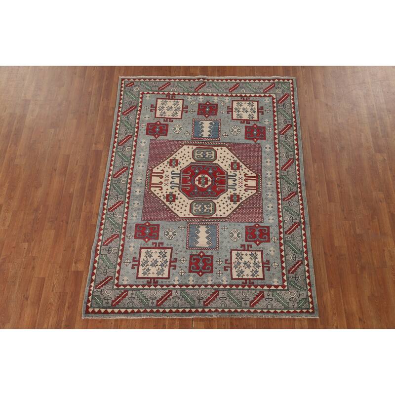 Geometric Kazak Oriental Rug Hand-Knotted Wool Carpet - 5'0" x 6'9"