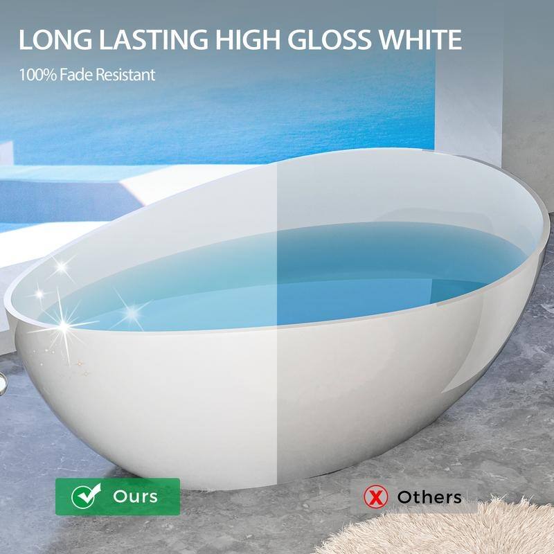 ABRUZZO 63" Freestanding Solid Surface Soaking Bathtub with Overflow & Pop-up Drain in Glossy White