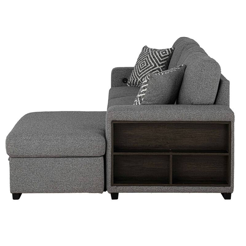 Furniture of America Oswin Modern Grey Pull-Out Sleeper Sofa Sectional with Storage Shelves and USB Ports