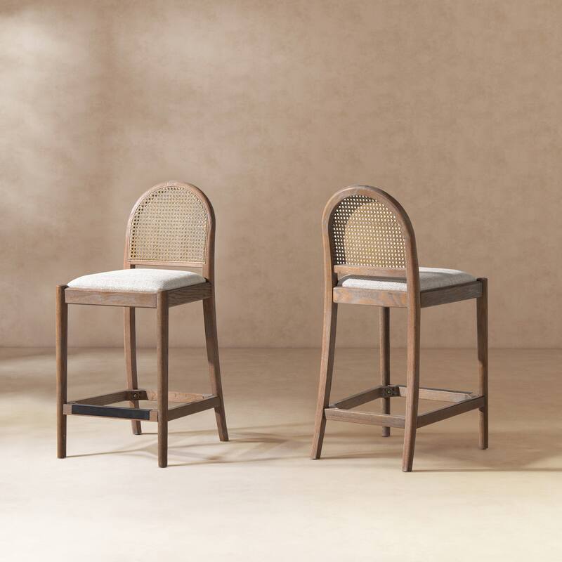 Panama Arched Cane Rattan Counter and Bar Stool (Set of 2) - Set of 2 - Two-Tone Neutral Gray Polyester Wool Blend - Counter Height