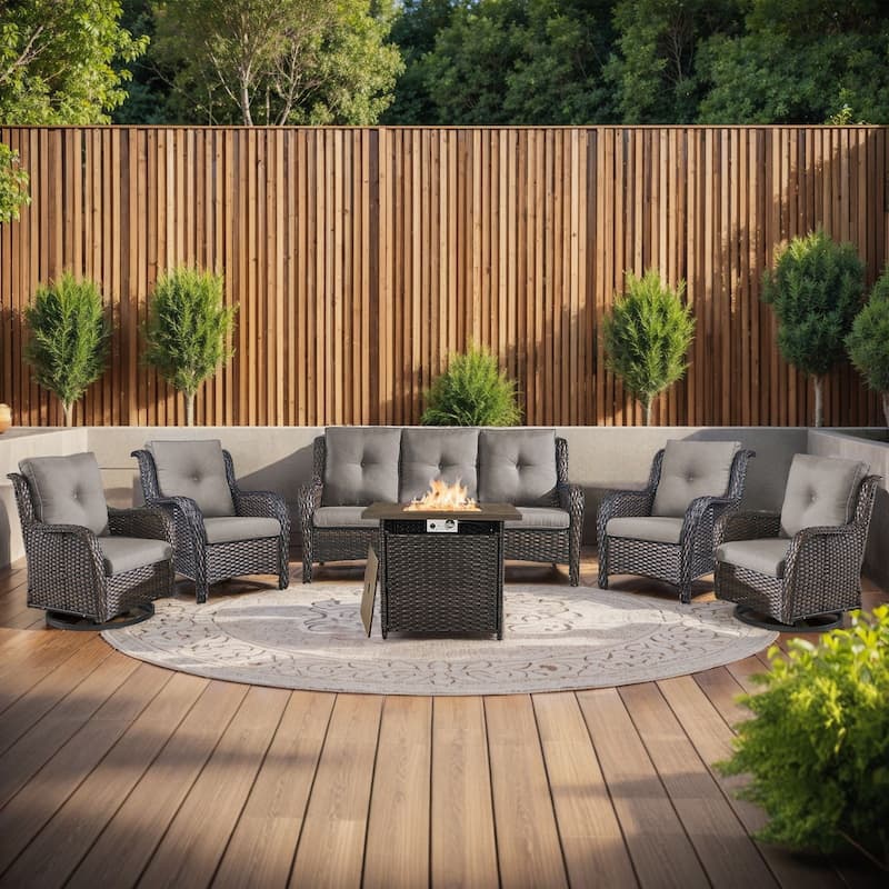 Pocassy Fire Pit Table with Sofa Swivel Chairs Set - Brown Wicker Gray Cushion - 6 Pieces Sofa Chairs with Fire Table