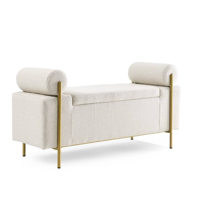 Morden Velvet Upholstered Storage Ottoman Bench, Elegant Footstool with Rolled Arms and Iron Legs for Bedroom, Hallway