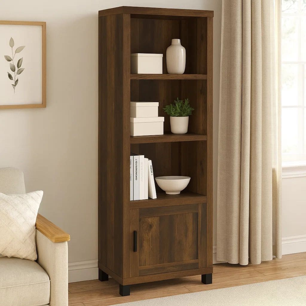 Sac 71 Inch Media Pier Tower with 3 Shelves and Cabinet, Dark Pine Wood