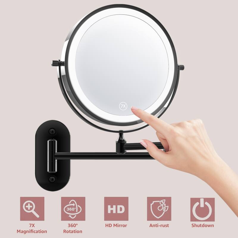 Yulika Rechargeable Lighted Wall Mounted Makeup Mirror with 3 Color Lights Double Sided 1X/10X or 1X/7X