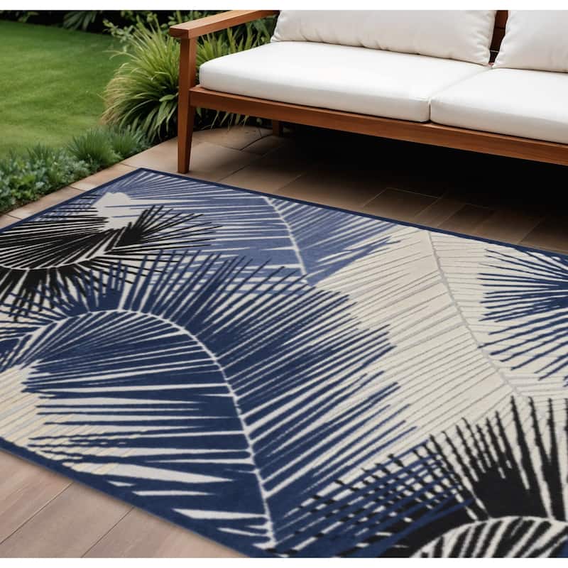HomeRoots Palm Leaf Contemporary Rectangle Outdoor Rug - 10' X 13' - Blue/Ivory/Black - 10' X 13'