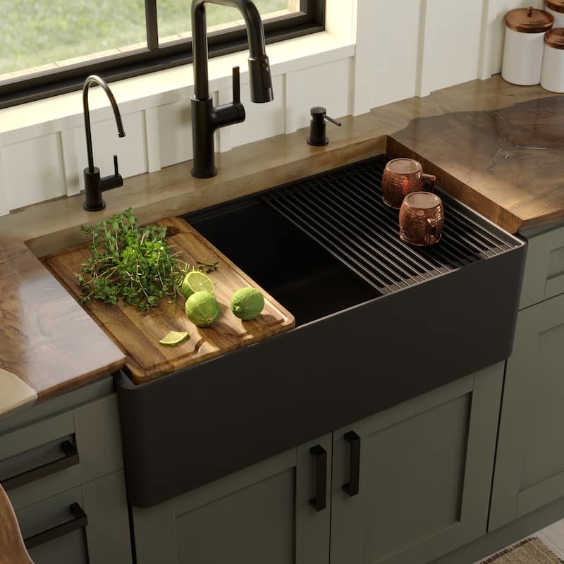 Karran 33" Single Bowl Workstation Fireclay Kitchen Sink with Reversible Fluted Apron Front