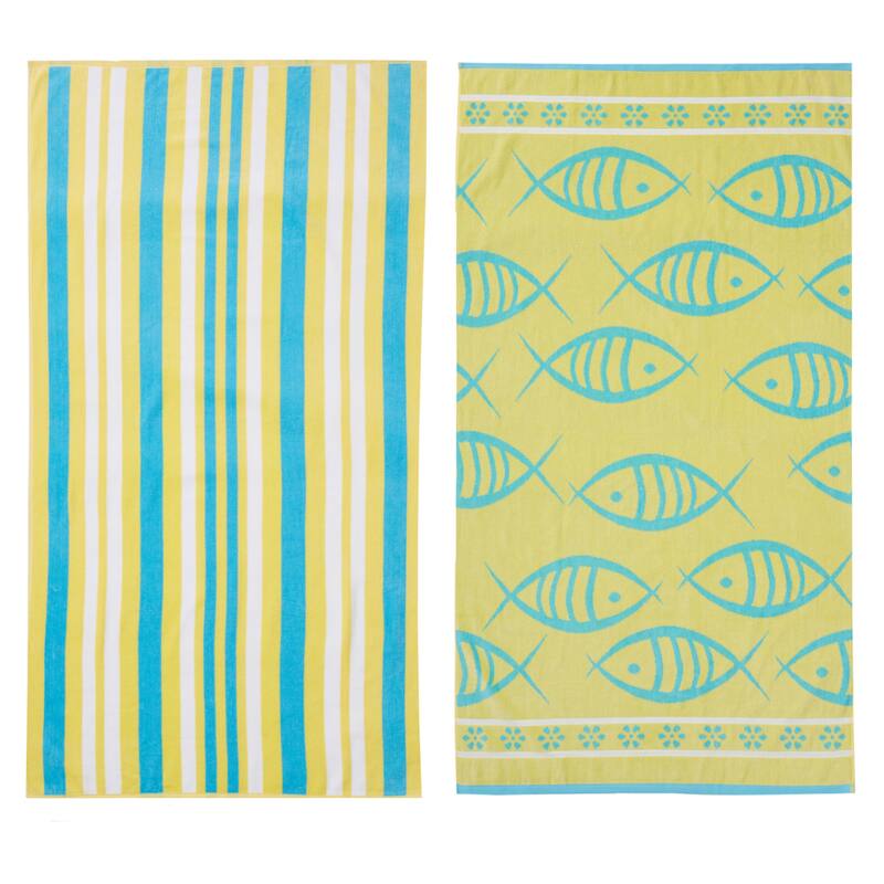 Luxurious Cotton Printed Beach Towel - Yellow Fish & Stripes