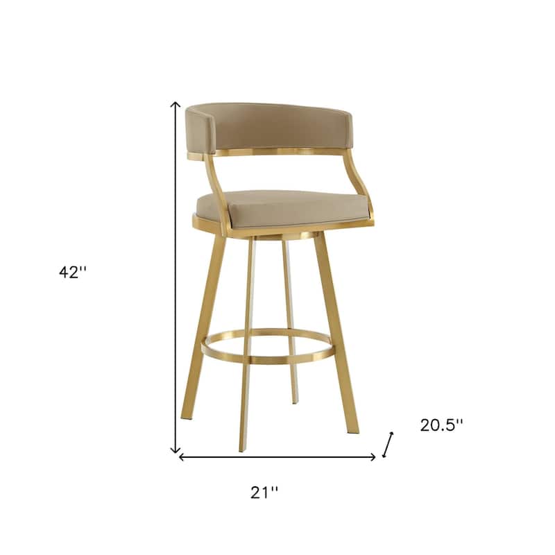 HomeRoots 30" Sand and Gold Faux Leather and Stainless Steel Low Back Bar Height Swivel Bar Chair