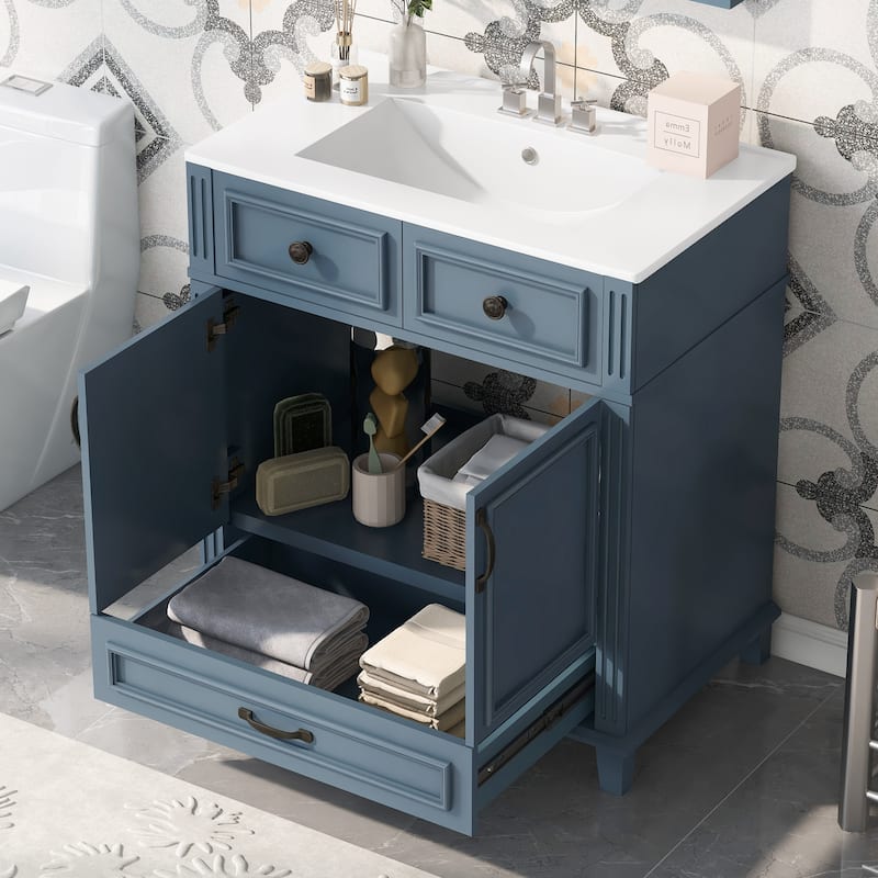 Roomfitters 30" Bathroom Vanity with Ceramic Sink, Solid Wood Cabinet, Soft Closing Doors, Retro Style, Blue