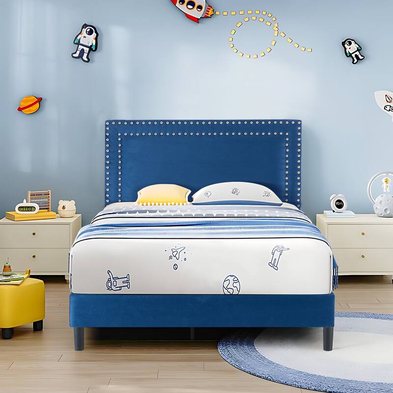 VECELO Upholstered Bed Frames with Height Adjustable Headboard - Dark Blue - Twin