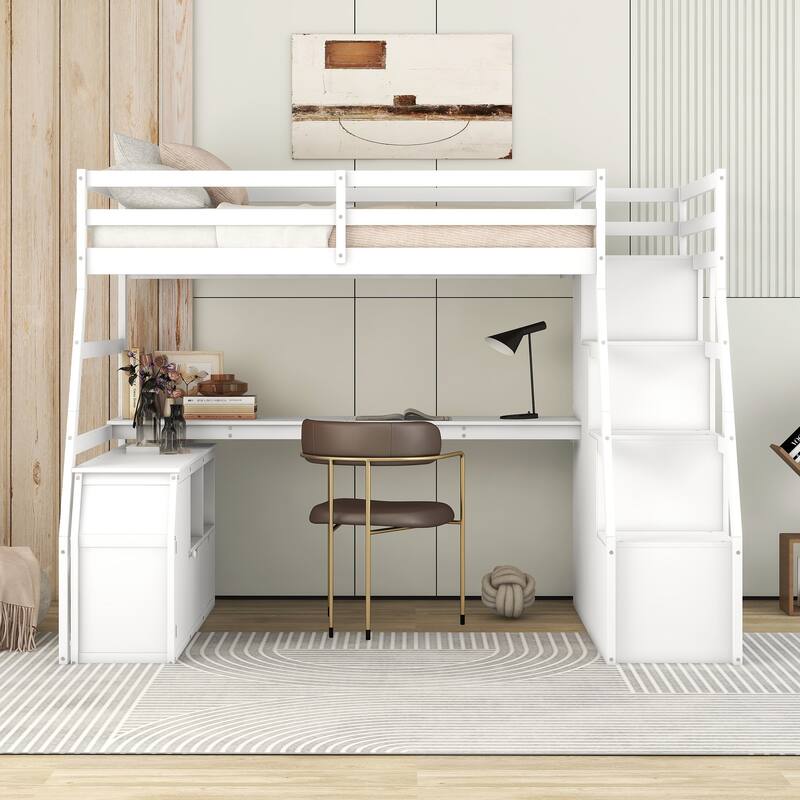 Twin Size Loft Bed with Drawers, Shelves, and Desk in White