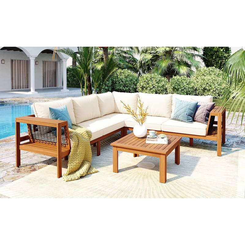 Roomfitters 4-Piece Outdoor Sectional Sofa Set with Coffee Table and Built-in Side Shelves, Wood Frame