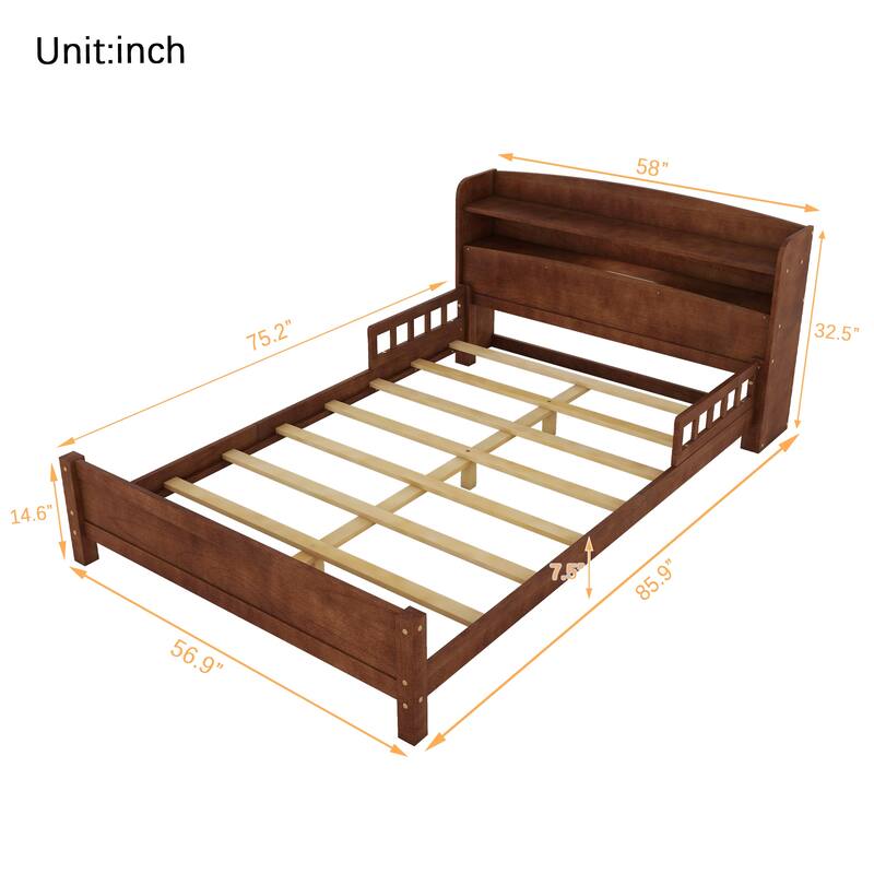 Pine Wood Platform Bed with Bookcase Headboard Built-in Motion Sensor Light, Convertible Guardrails, Storage Bed for Kids